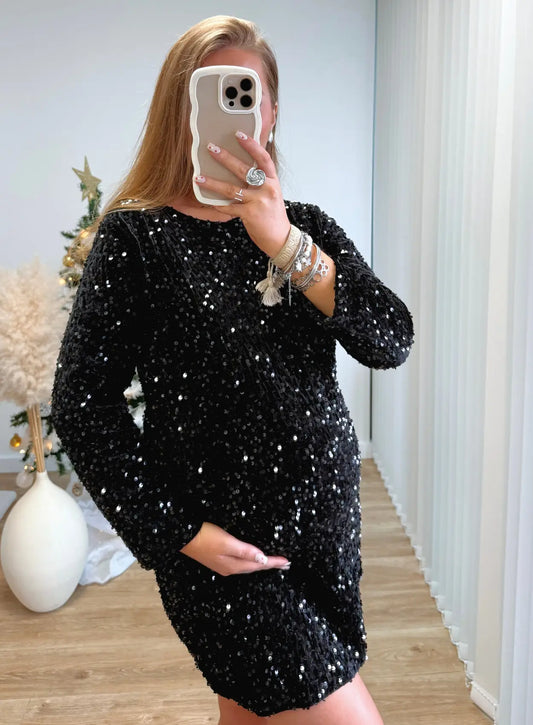 robe-de-grossesse-courte-à-sequins-noir-avec-noeud-dans-le-dos